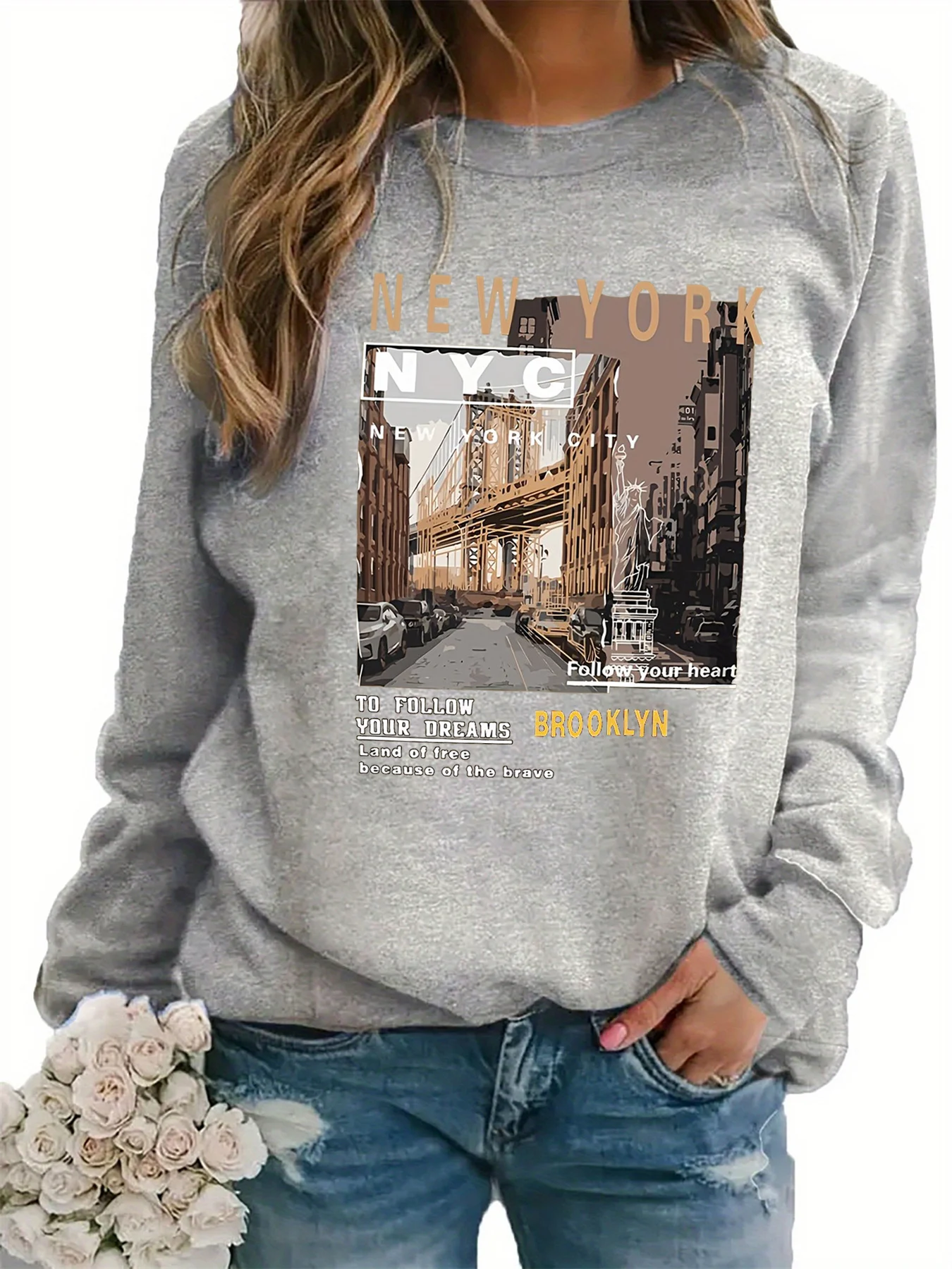 Pullover da donna autunno e inverno casual ampio, confortevole, caldo, con motivo New York City stampato, girocollo, maniche lunghe