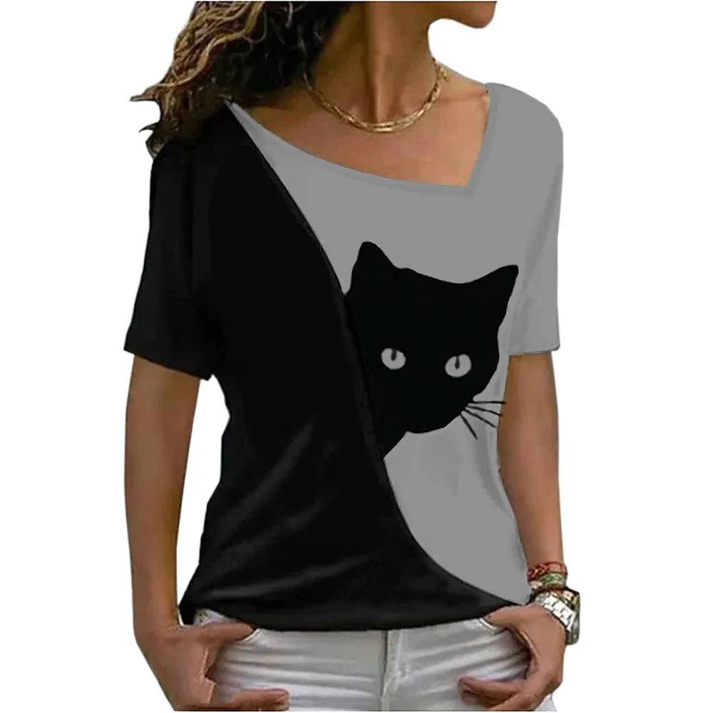 T-shirt manches courtes femme, col alertes onal, imprimé chat noir, Y2K