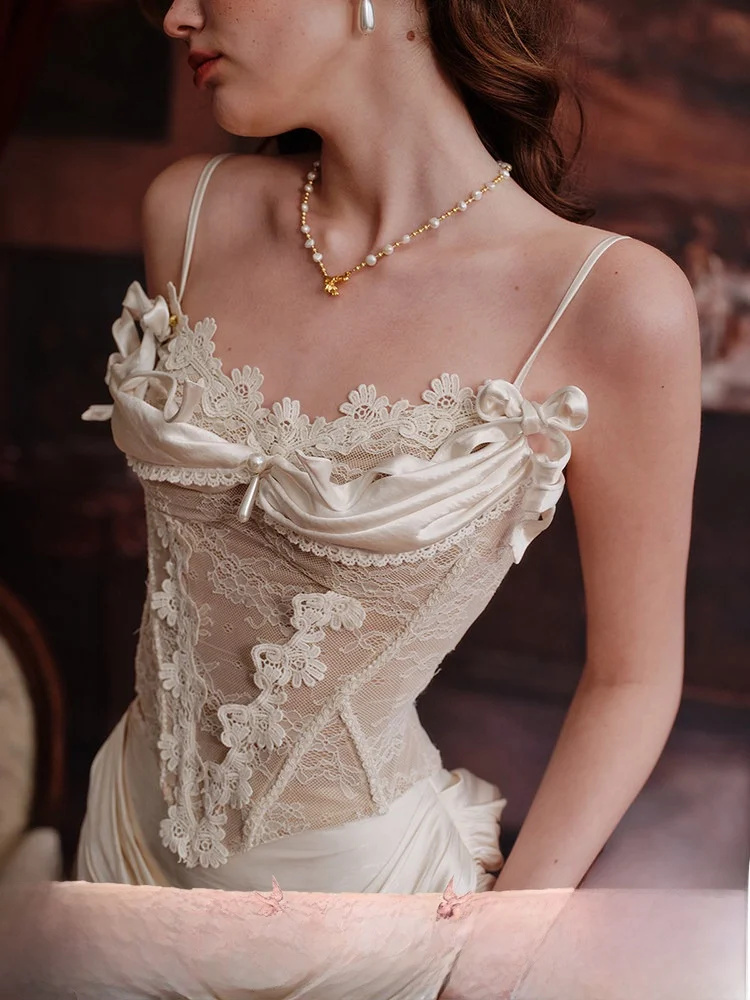 

French Sle Lace Fibone Design Vintage Courtip Strap Brtte Top Women's Slim Fit Outerwear Summer Season Pure Color