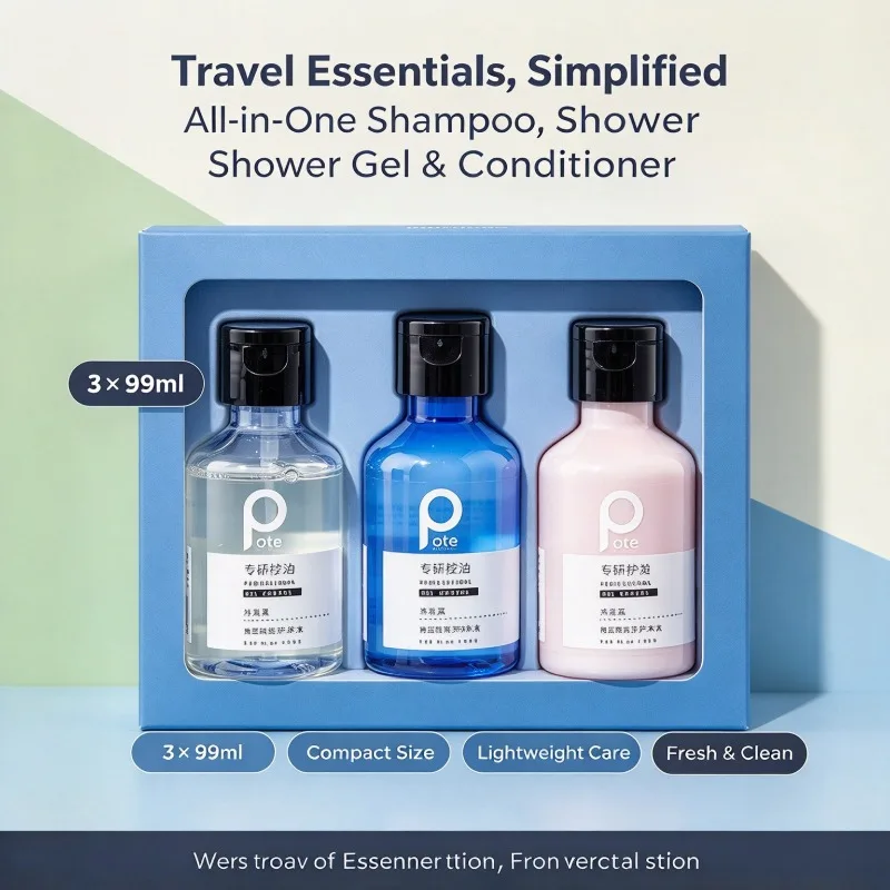 Pote Special Research Travel Kit Shampoo Shower Gel Conditioner 3×99ml Portable Compact Size for Travel Business Trip Daily Use