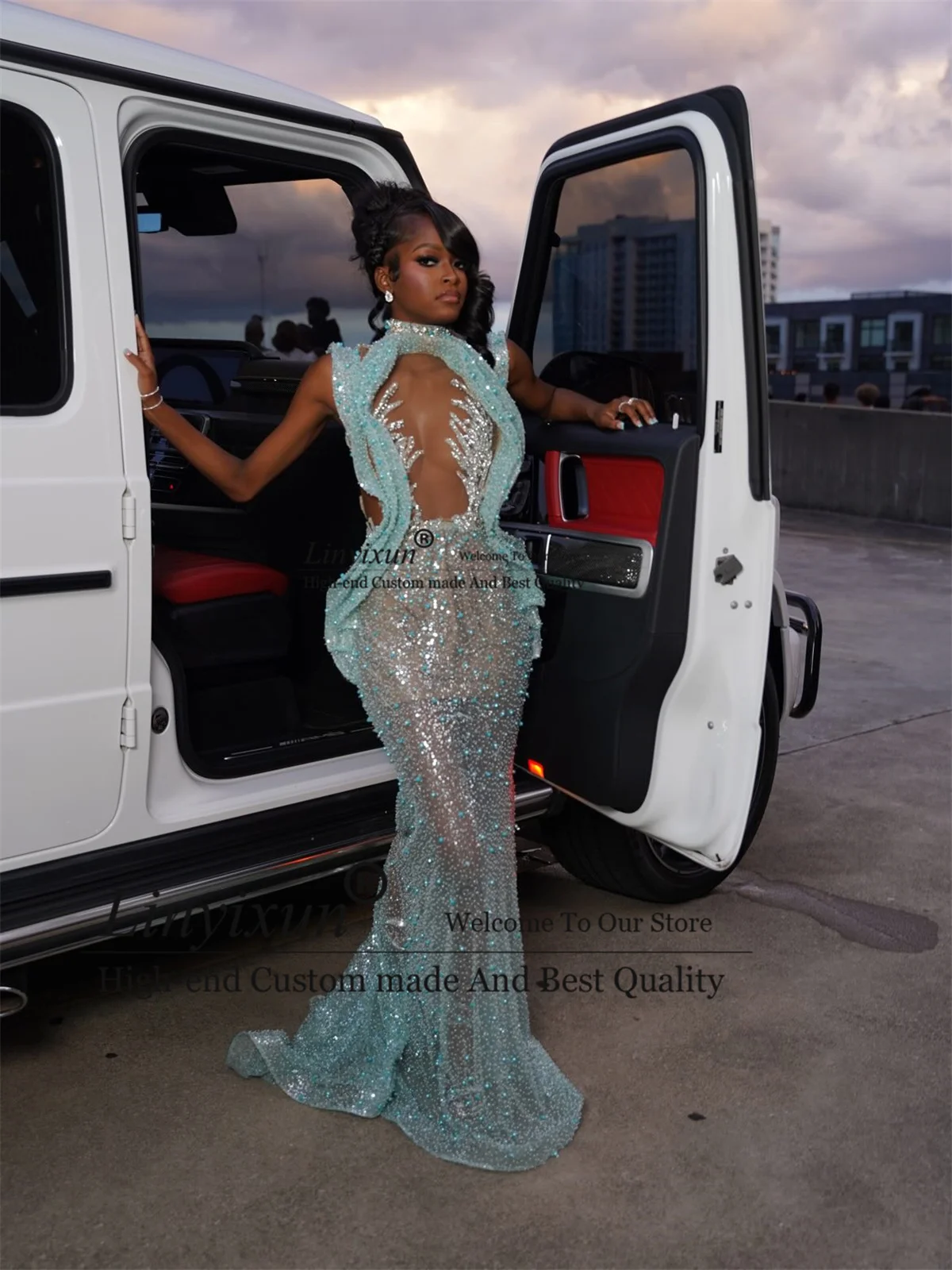 Luxury Rhinestone Sequins Mermaid Prom Dress Customized Halter Evening Party Gown Sexy See Through Long Women Robe De Soire