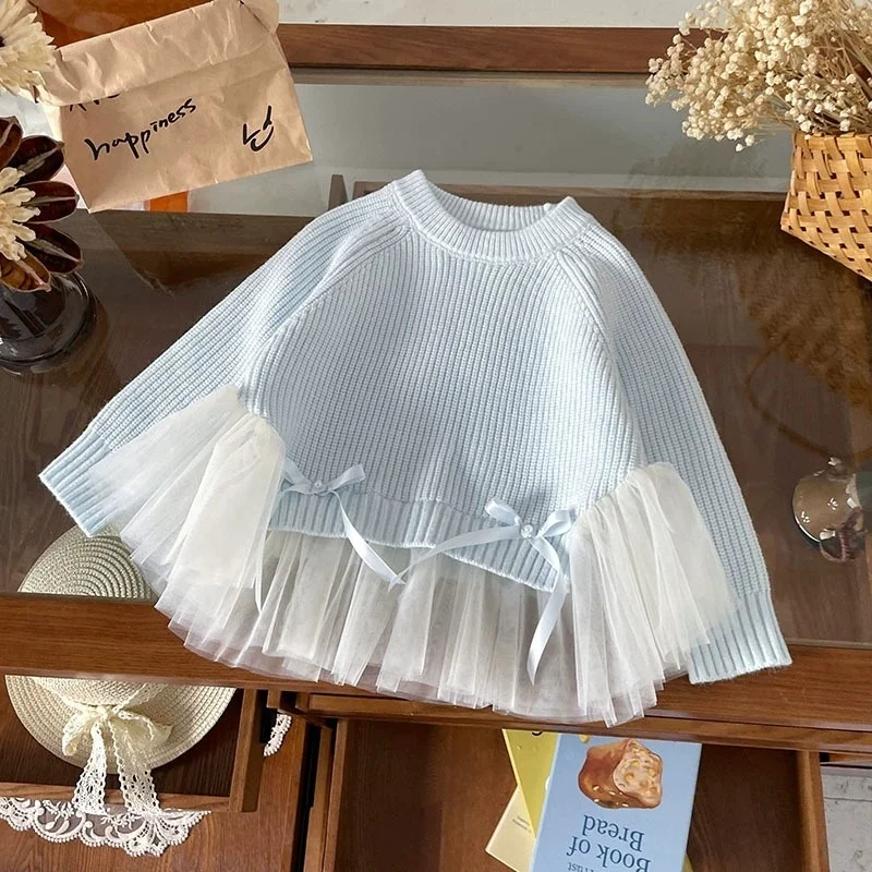 Girl's Sweater 2026 Spring/Autumn New Collection Blue Western Style Mesh Splicing Sweet and Cute Sweater Top Children's Gift