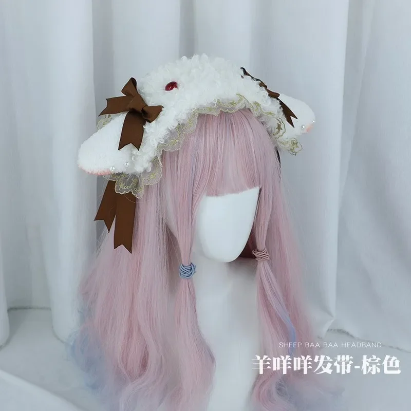 Sheep Ears Headband Kawaii Lolita Accessories Sheep Ear Cosplay Hair Hoop JK Girl Lace Bowknot Headdress Plush Headwear Hairpin