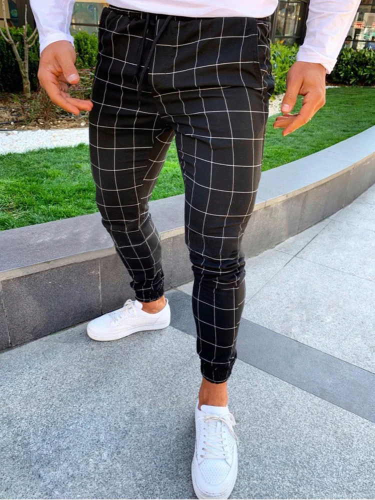 

Men's Casual Checkered Printed Elastic Cargo Pants Leggings Men Streetwear Elastic Waist Pencil Pants