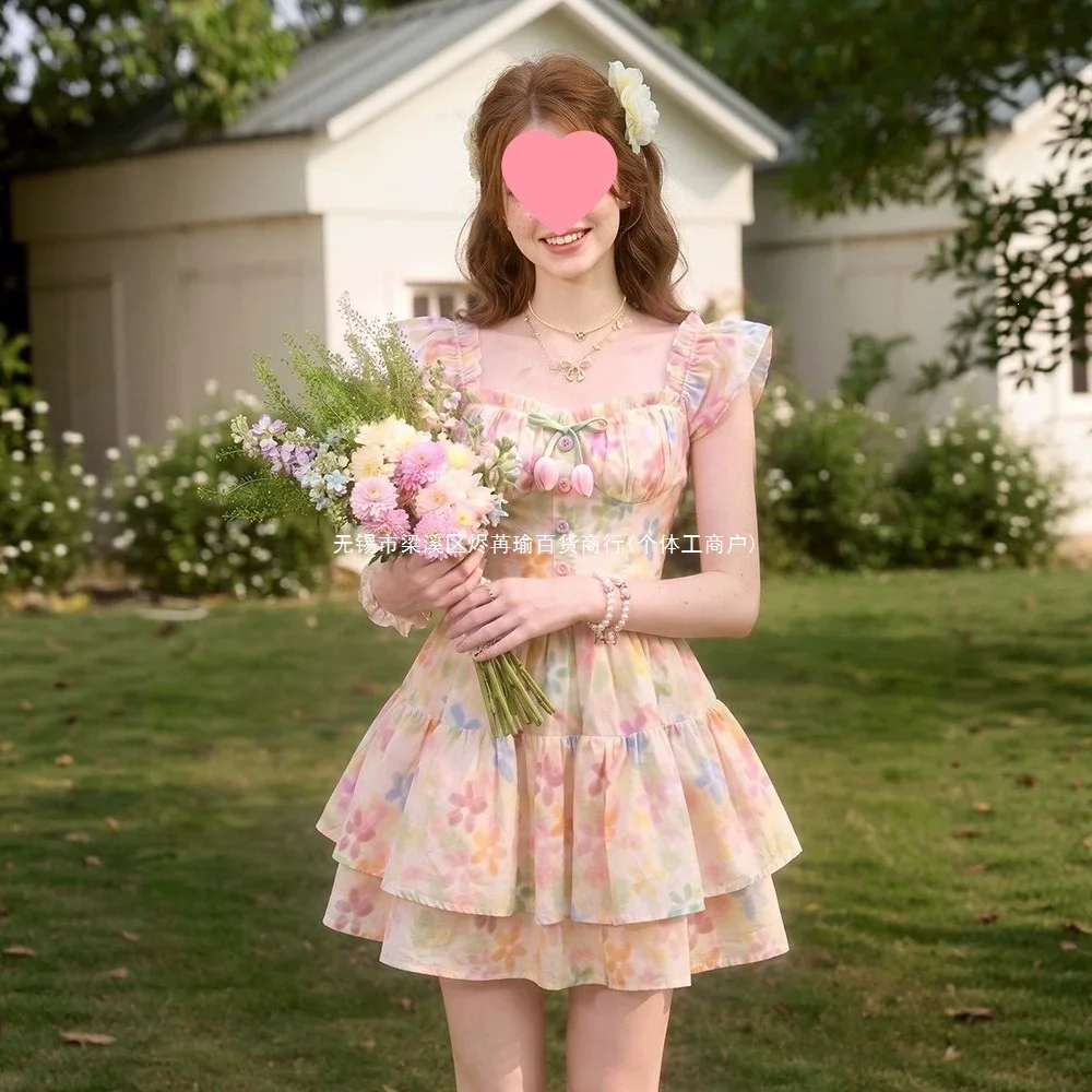 Sweet Little Flying Sleeves Floral Dress Children's Summer French First Love Princess Puff Dress Waist Small Short Skirt