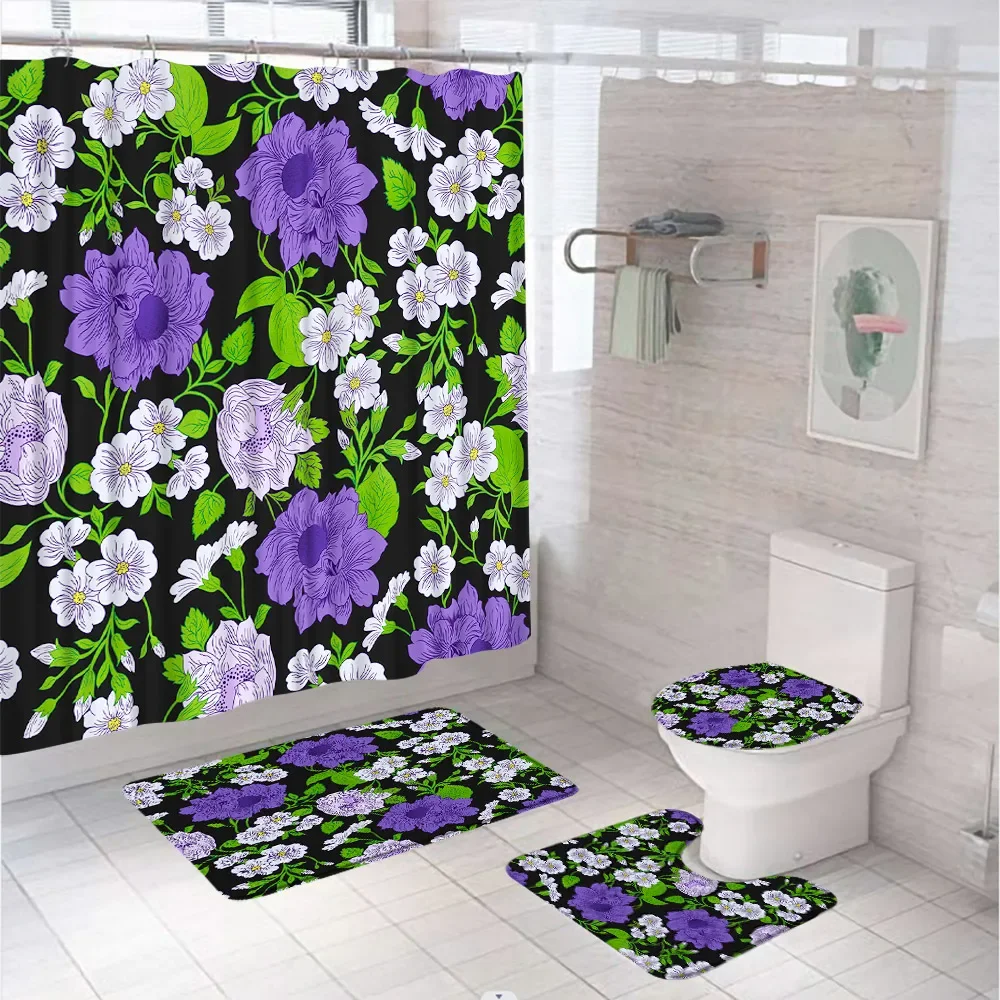 Watercolor Flower Shower Curtains Set Anti-slip Rug Toilet Cover Bath Mat White Daisy Floral Green Leaves Plant Bathroom Curtain