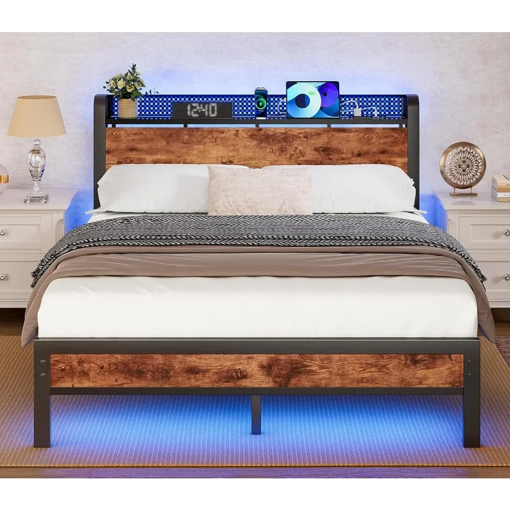 Full Bed Frame with LED Lights,Industrial Storage Headboard with Charging Station,USB Port,Under Bed Storage,Wood Platform