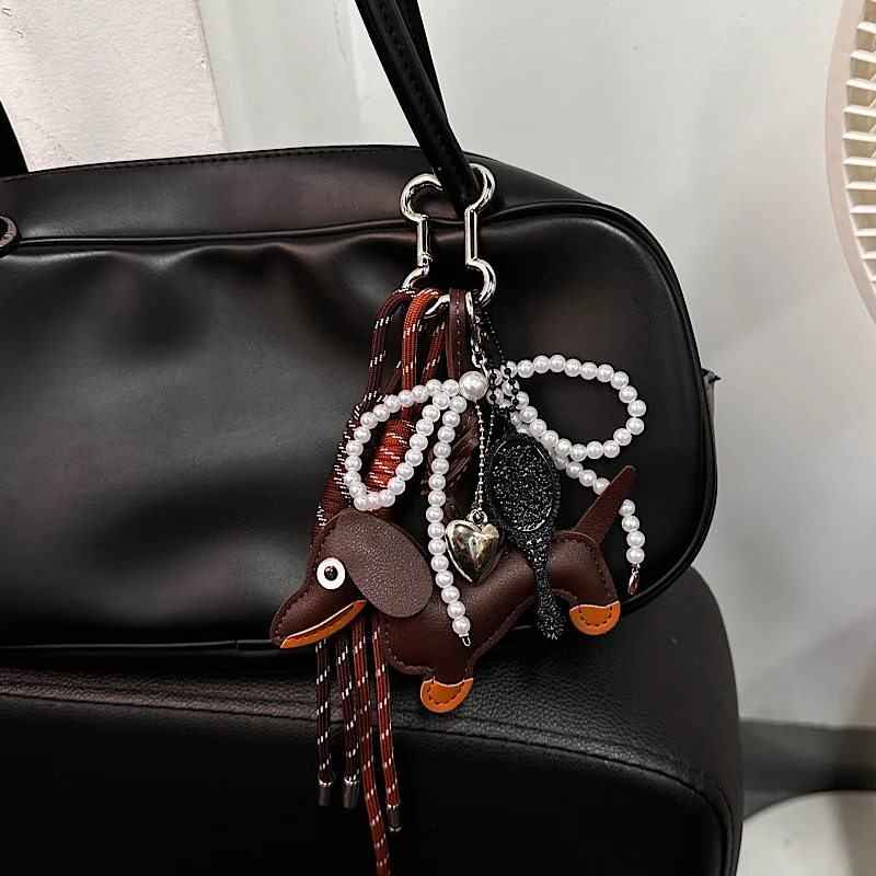 Vintage Maillard Color Cute Sausage Dog Bag Pendant Korean Ins Style Bow Bag Premium Accessories Hanging Rope