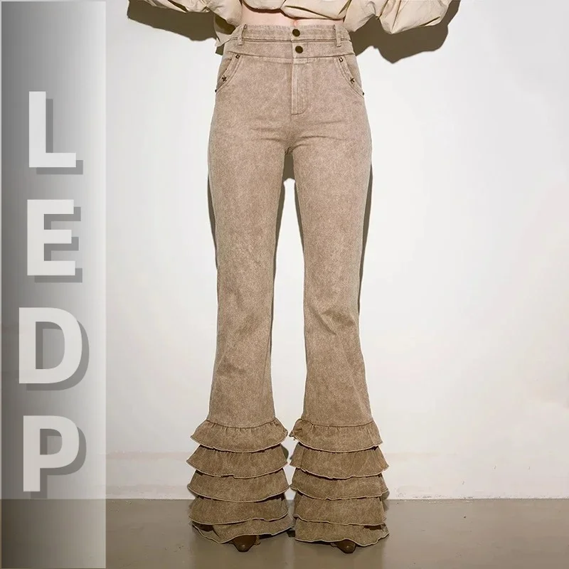 IMU Ruffle Tiered Flared Jeans for Woman Distressed Pockets Stretch Fitted High Waist Bootcut Pants Gyaru Y2k Bell Bot