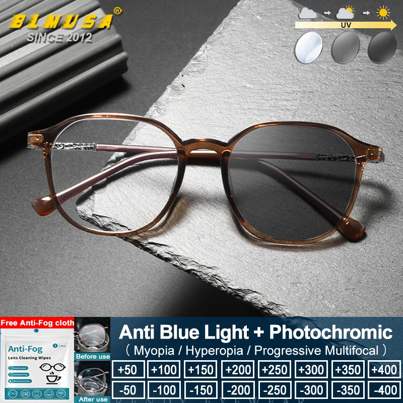 

BLMUSA (M) High Quality Polygon Frame Progressive Prescription Glasses Women's Blue Light Filter Photochromic Reading Eyeglasses