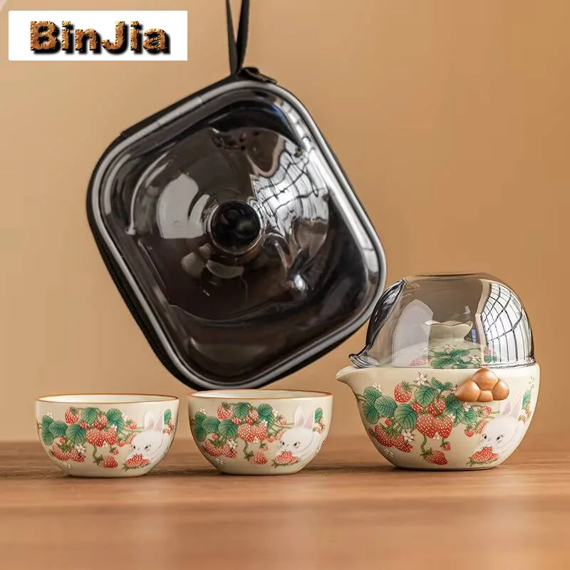 

Ru Kiln Клубничный чайный сервиз с кроликом, древний 1 горшок, 2 чашки, заварочный стеклянный кувшин для кемпинга, портативная дорожная сумка, коллекция