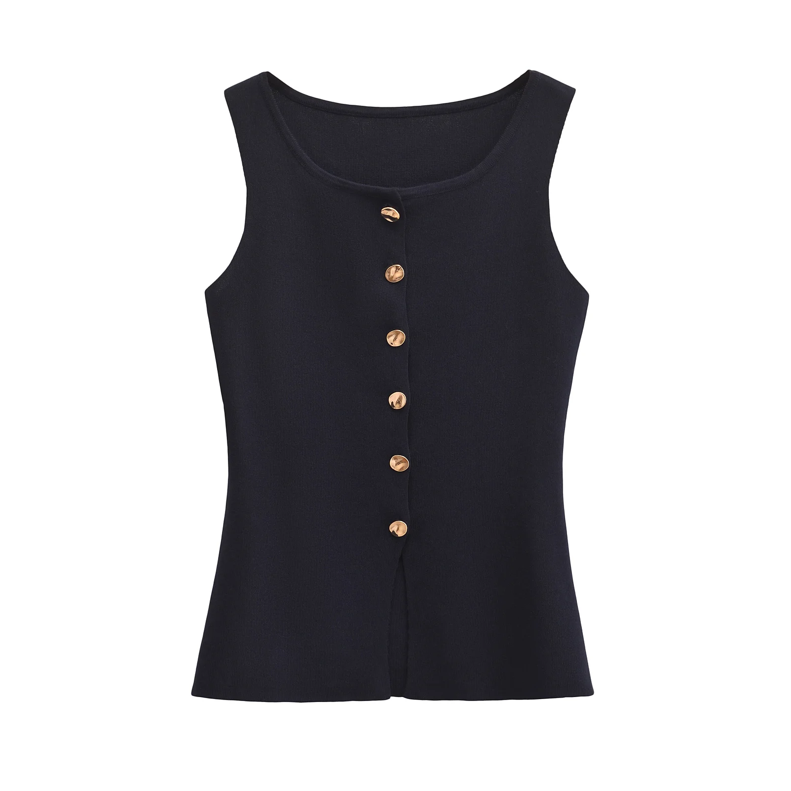 TRAF Thin Knitted Women Waistcoat 2024 Autumn O Neck Sleeveless Single Breasted Slim Sweater Vest Y2K Cardigan Top 4192100