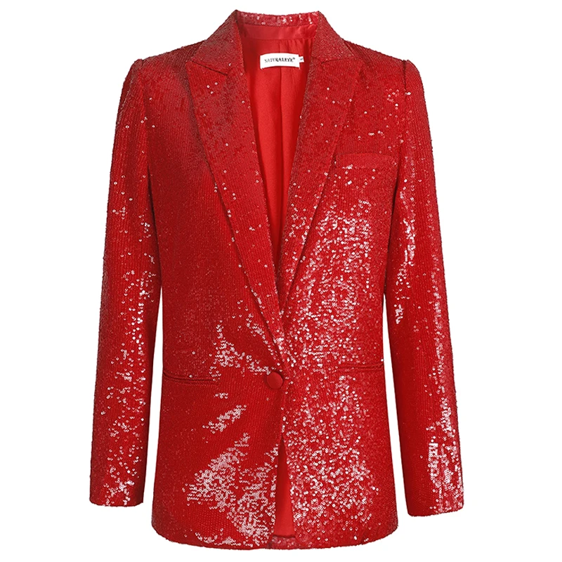 Charismas Red Party Suit Blazer Fashion Sequined Long Sleeve Single Button Short V Neck Blazer Coat Outwear 2025 Women