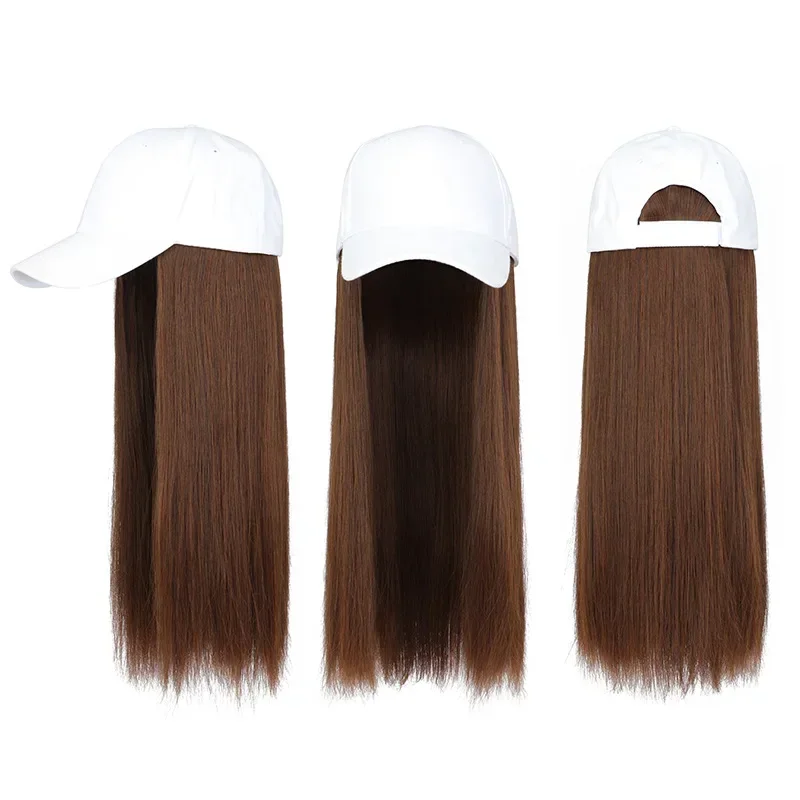 60cm Black Peaked Baseball Cap with Wig Synthetic One Piece White Caps Summer Kpop Long Straight Hair Hat Wig Hat for Women Caps