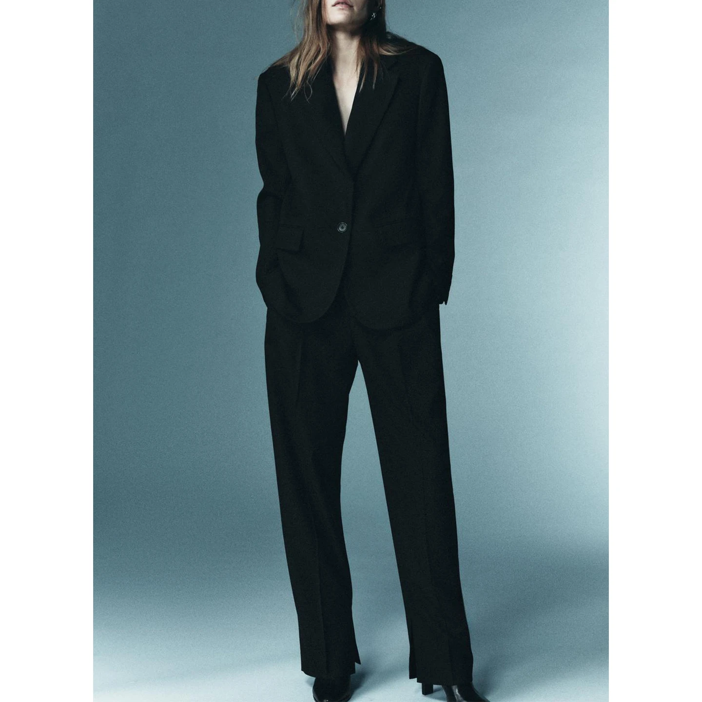 冬の新作レディースカジュアルロングパンツアイロンストライプミッドウエストケット装飾ストレートレッグパンツポリエステル繊維