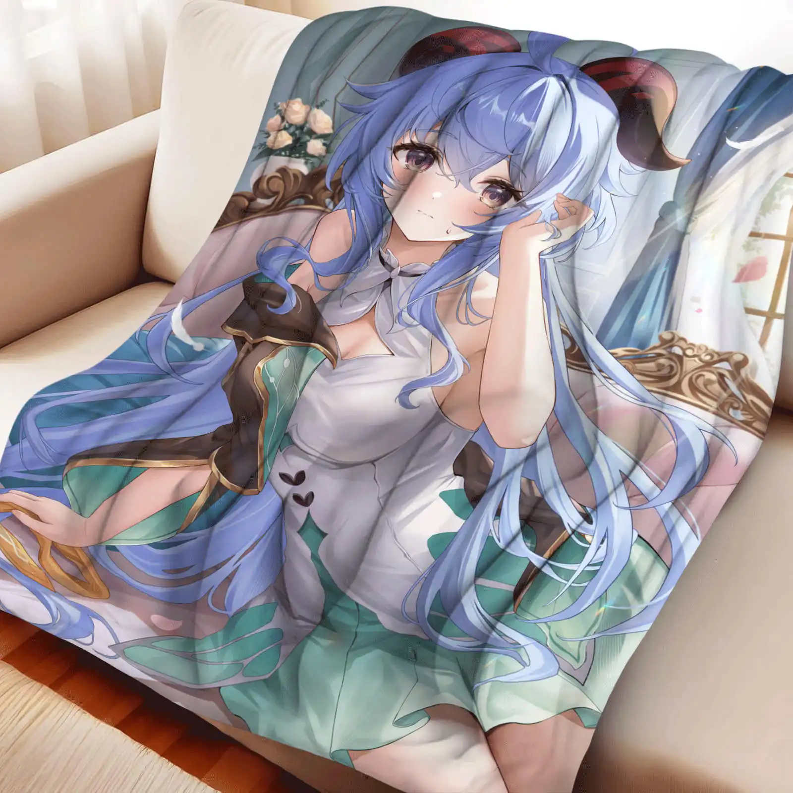 Game Genshin Impact Ganyu Flannel Blanket Warmth Soft Air Conditioning Otaku Blanket Multifunctional