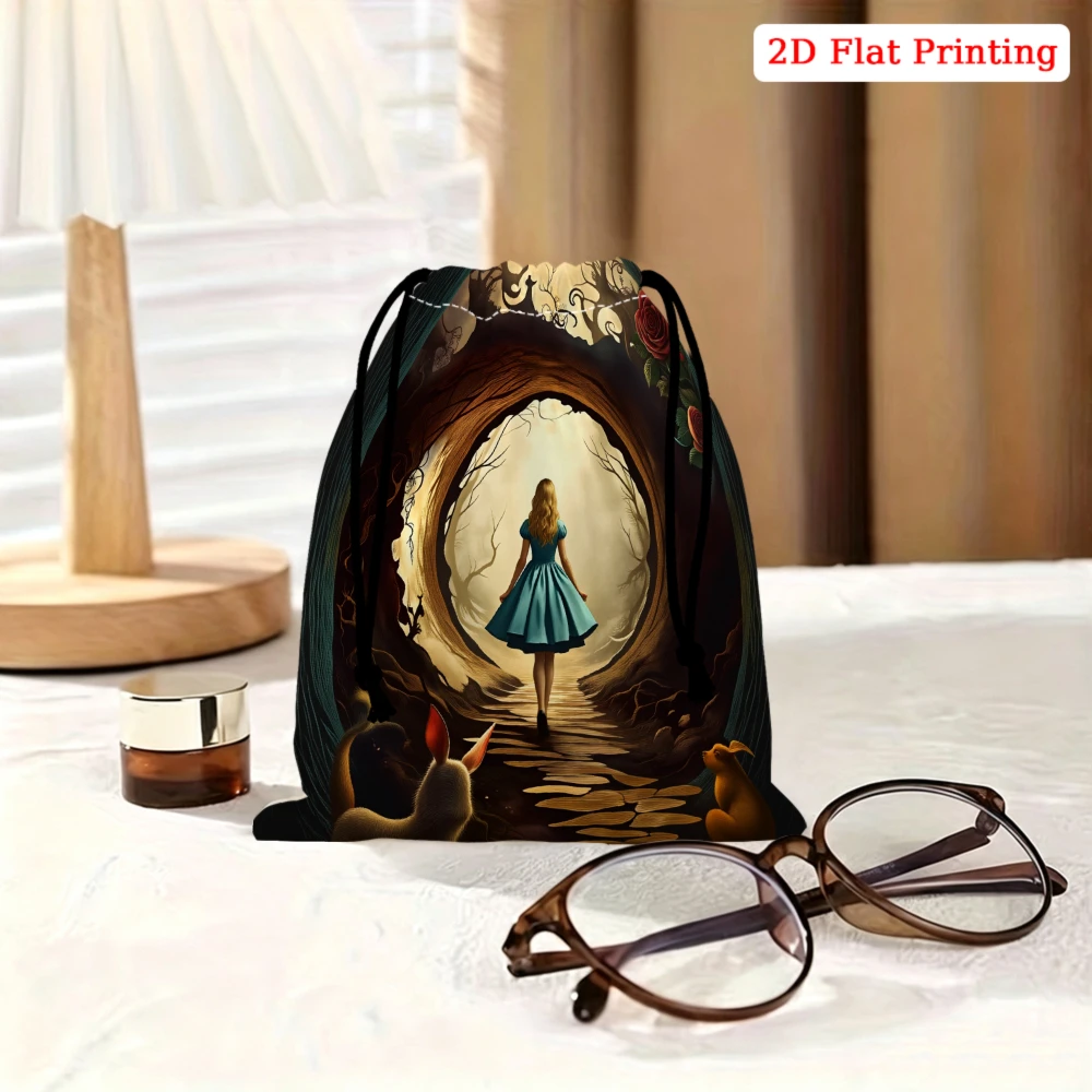 1Pc Alice In Wonderland Drawstring Bag Multicolor Fairy Tale Tunnel Girl Print Storage Small Pouch Travel Gym Cosmetic Organizer