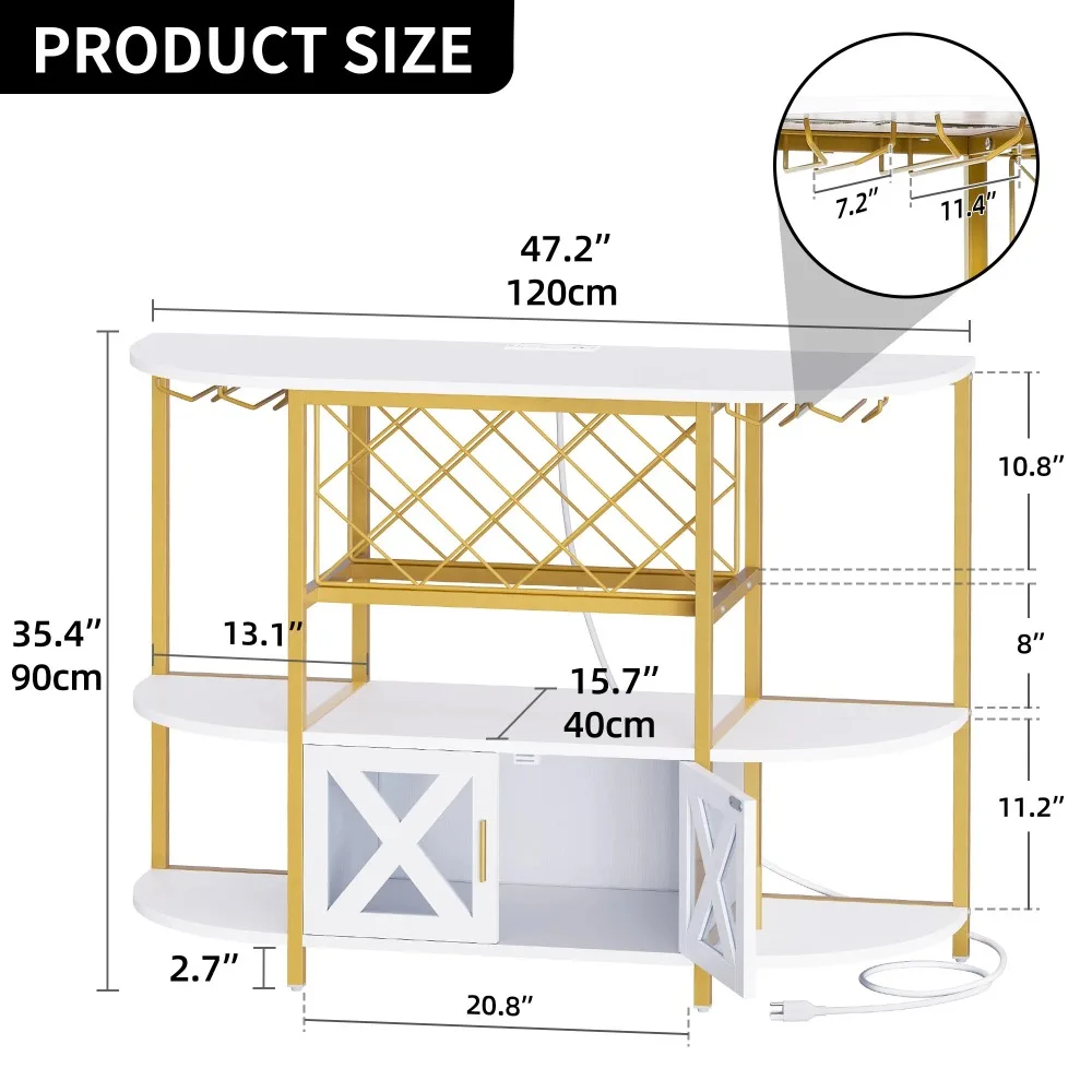 Bar Wine Cabinet with LED Lights and Power Outlets, 4-Tier Wine Rack Table for Liquor with Glass Holder and Wine Rack Storage