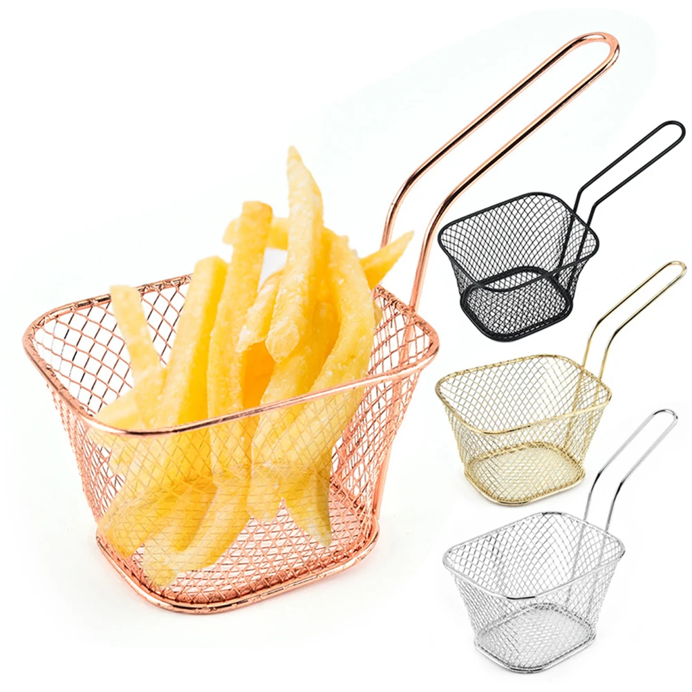 

Mini Square Fry Basket Metal French Fries Chips Holder With Handle Desk Food Presentation Mesh Basket Kitchen Accessories Tools