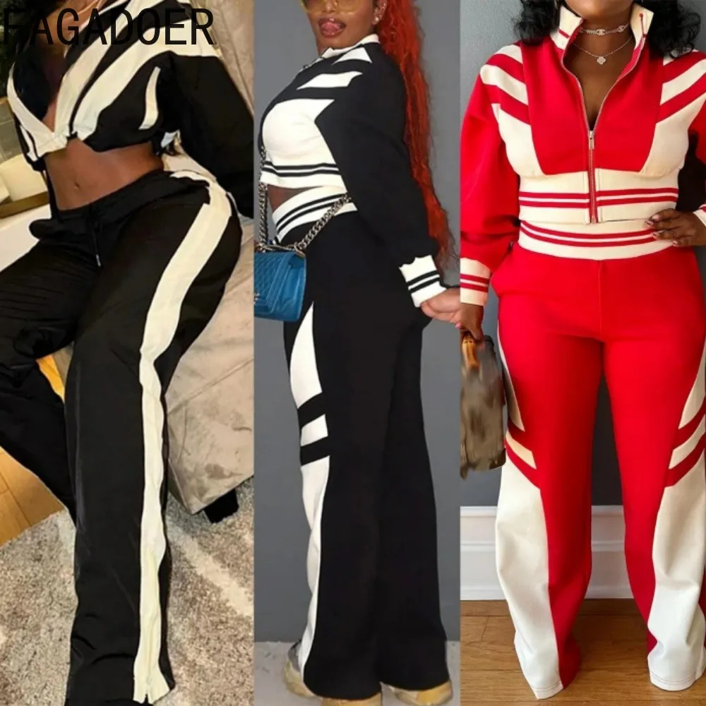 

FAGADOER Fashion 2 Pieces Sets Women Outfit Color Blocks Zip Crop Jackets And Wide Leg Pants Suits Female Streetwear Spring New