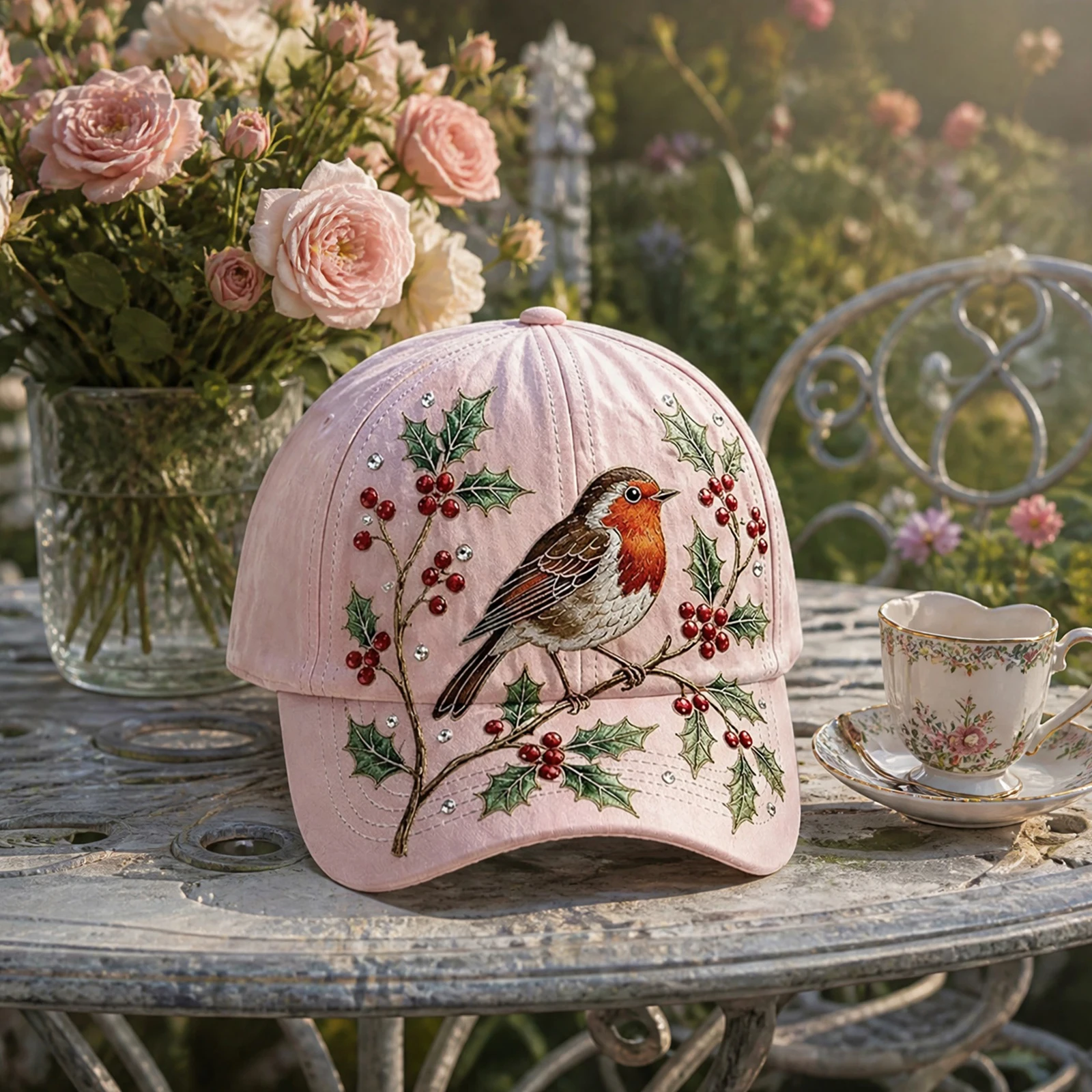Garden Morning Floral Print Baseball Cap Adjustable Botanical Cottagecore Hat Lightweight Casual Sun Hats for Outdoor Daily Wear