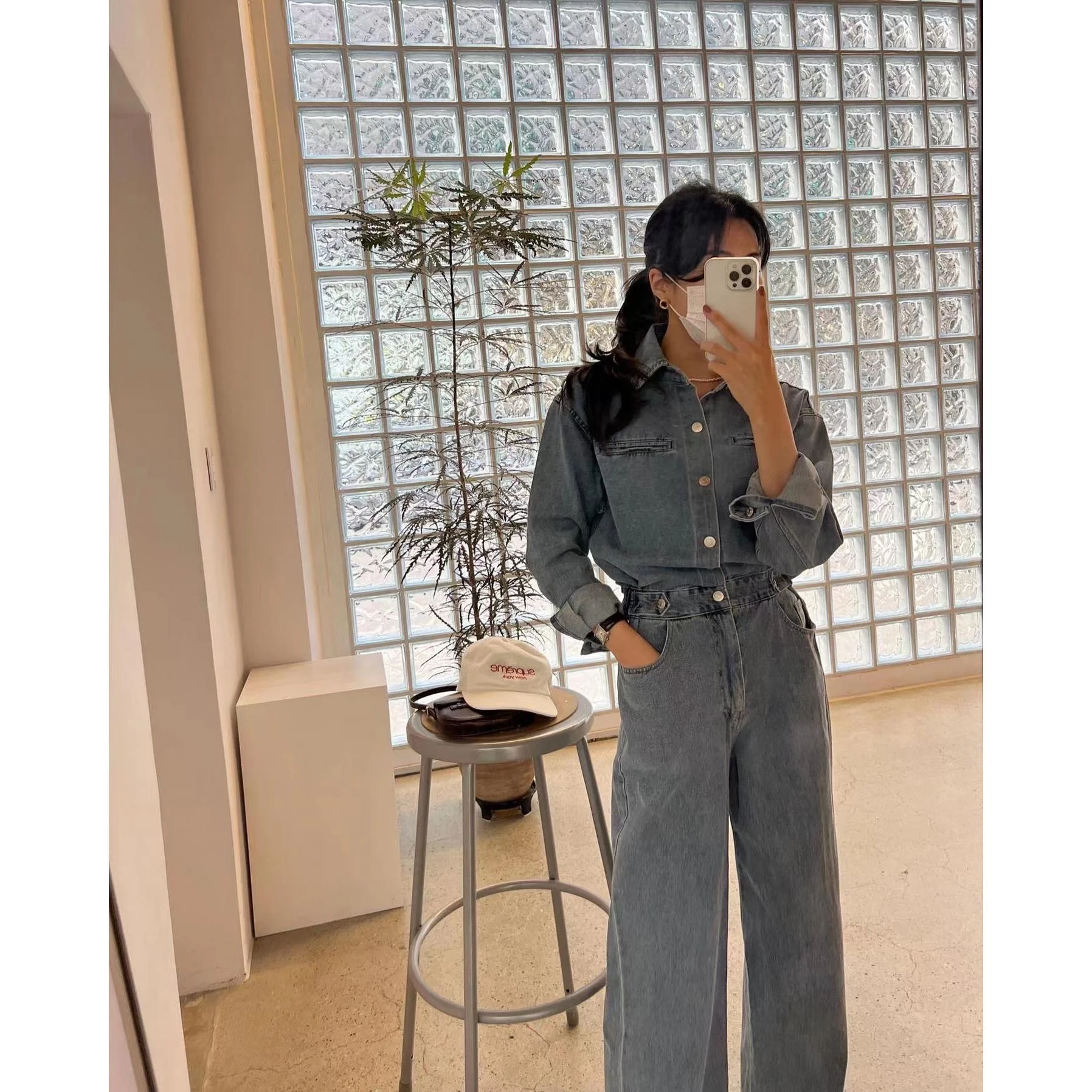 Laid-ba Salopette di jeans casual vintage Ele Pantaloni a gamba larga a vita alta Materiale di cotone Collezione primaverile per W di mezza età...