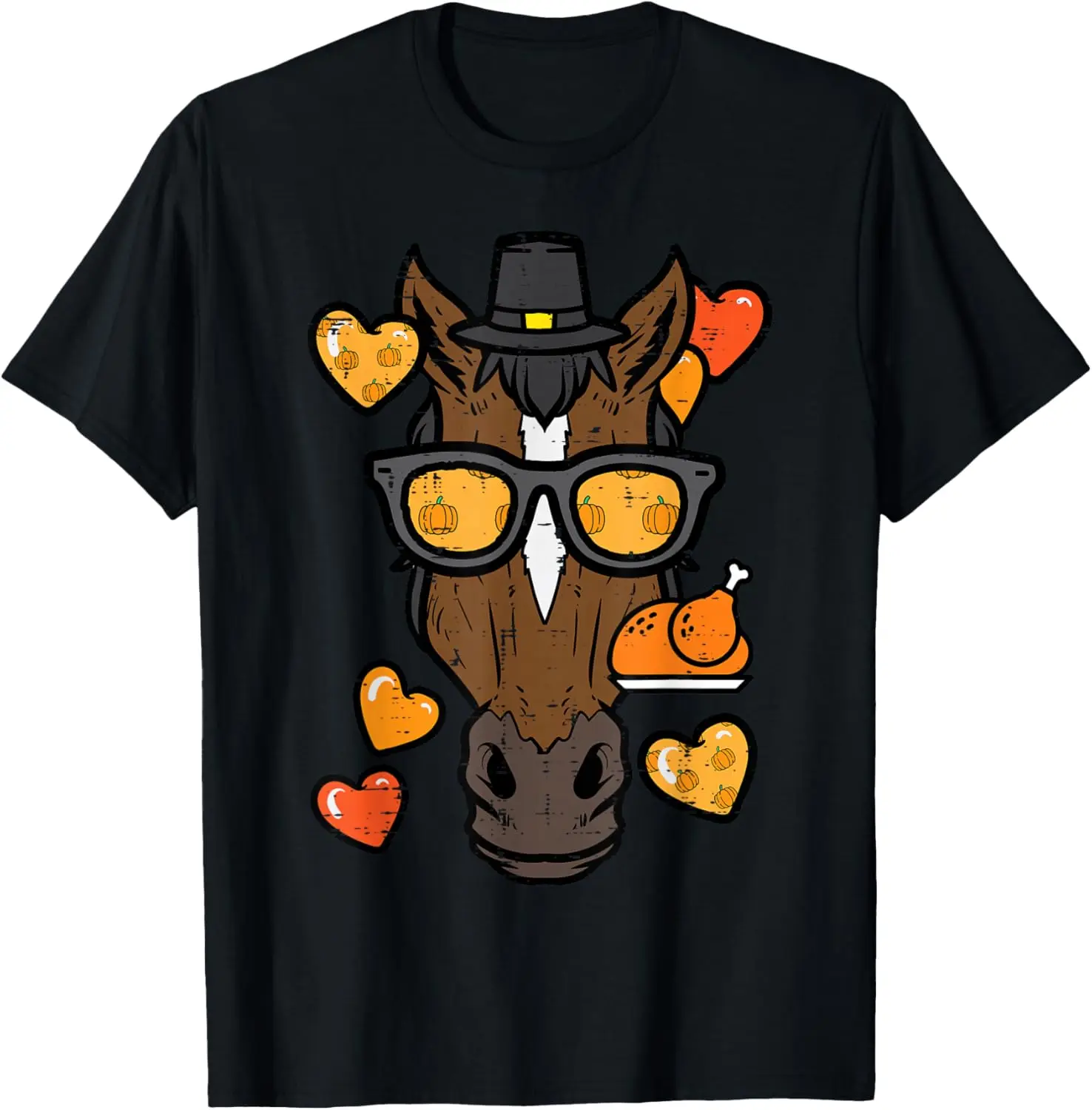 

Thanksgiving Horse Pilgrim Sunglasses Turkey Graphic T-Shirt Fall Riding Themed Tee
