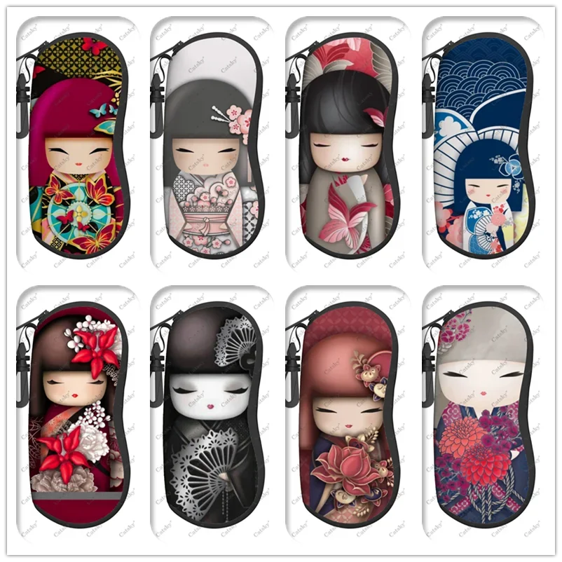 Japanese Red Sakura Kokeshi Doll Glasses Case Printed Travel Zipper Sunglasses Bag Pattern Classic Storage Glasses Bag