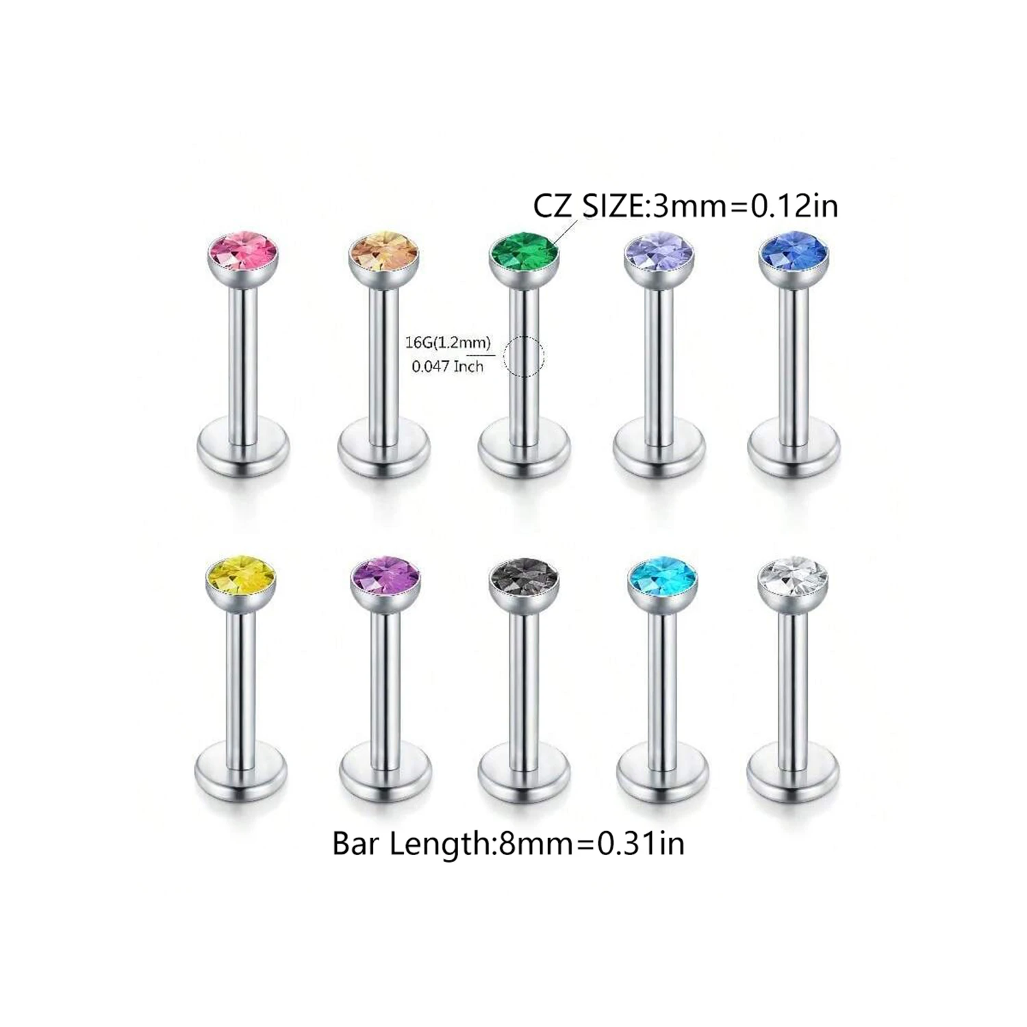 10Pcs Lip Studs Cartilage Earrings, Labret Tragus Cartilage 16G Studs, Internally Threaded Stainless,Versatile Piercing Jewelry