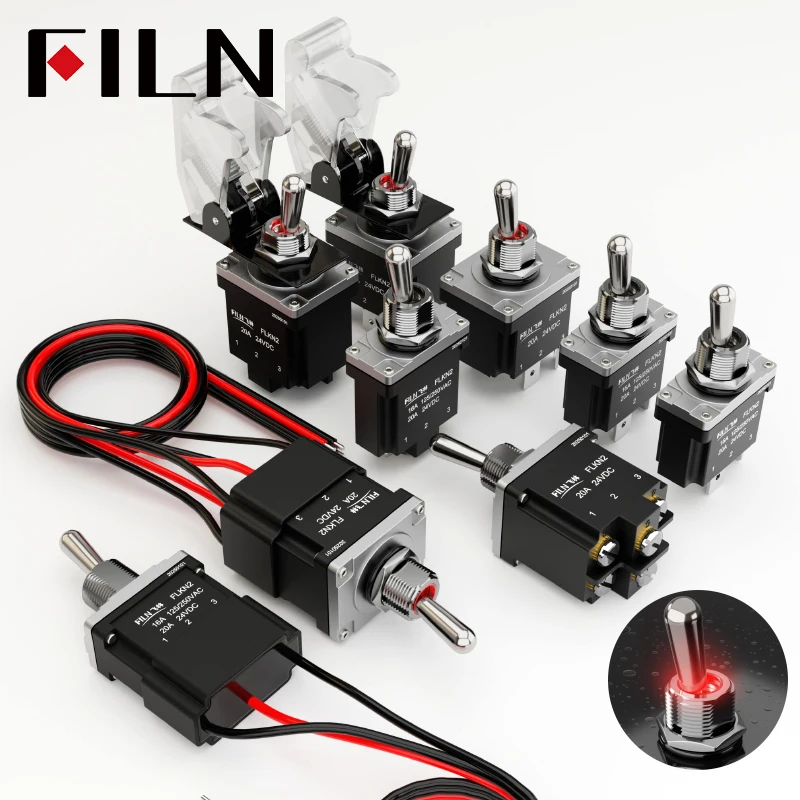 FILN 20A 12V 24V 110V-220V Power rocker toggle switch waterproof cover two color led SPDT DPST DPDT Toggle Switch