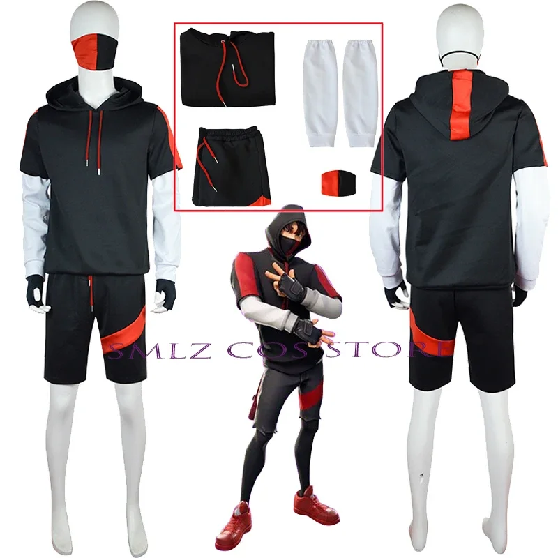 Ikonik-Disfraz de juego de fortaleza para hombre, traje de Cosplay de Anime, Sudadera con capucha, pantalones cortos, máscara, uniforme, fiesta de Halloween, 5 piezas