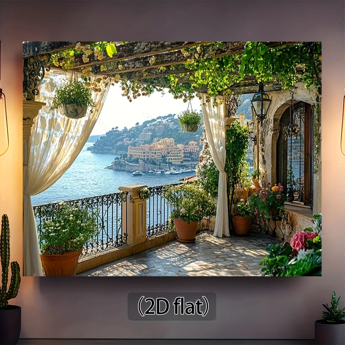 Mediterranean Sea View Tapestry, Floral Pergola and Rustic Balcony Scene,  for Vacation Themed Decor and Event Backdrop