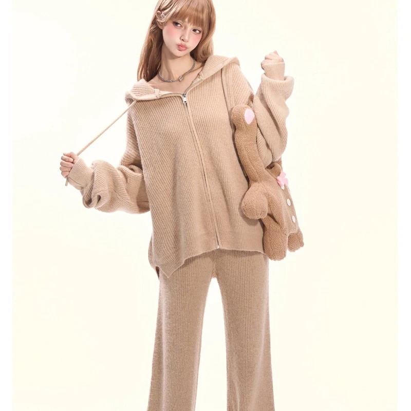2025 Autumn New Khaki Hooded Zipper Women's Knitted Sweater Korean Retro Design Loose Slimming Wide-Leg Long Pants Set Ladies