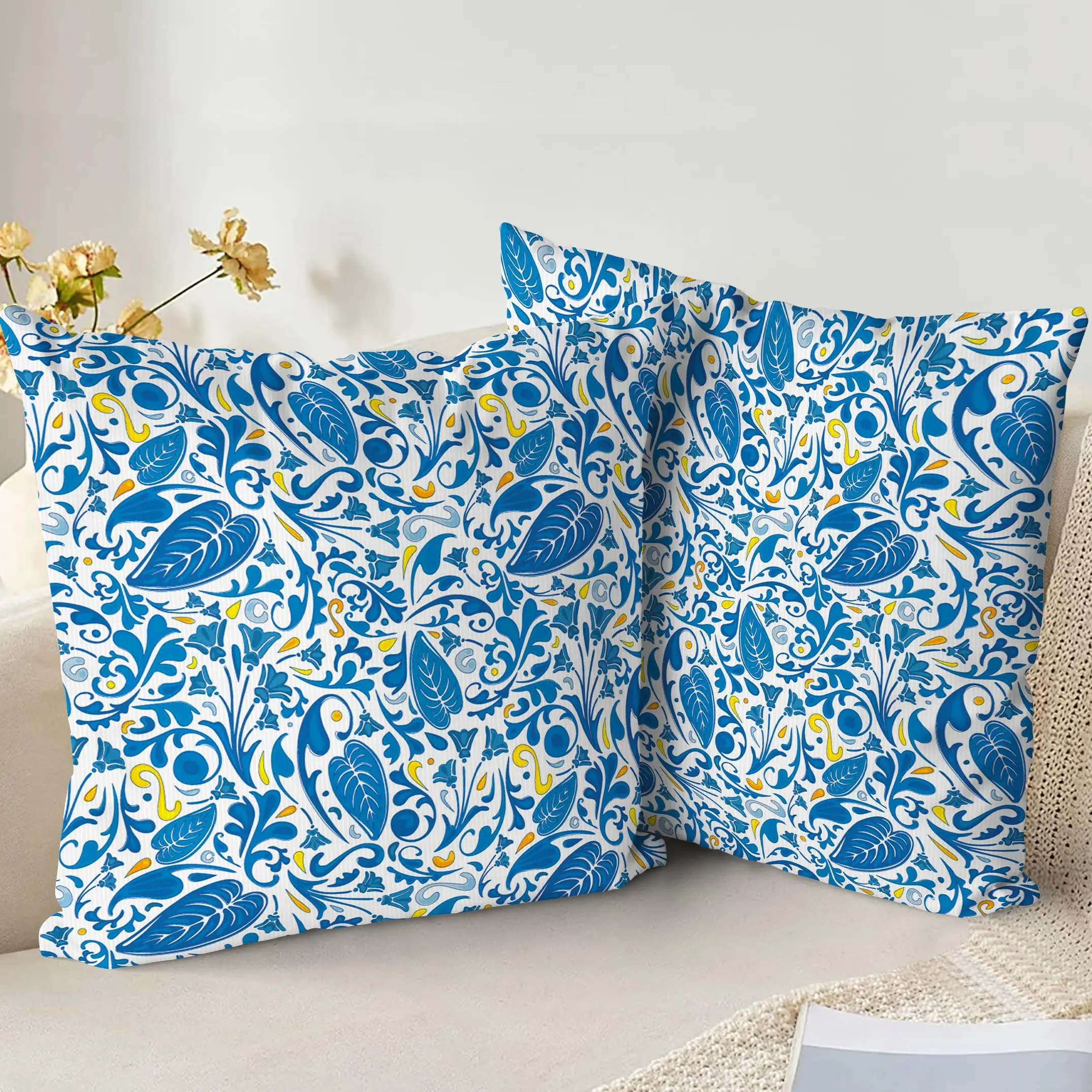 Paquete de 2 fundas de almohada boho paisley blancas, azules y amarillas, con estampado de hojas botánicas de doble cara, fundas de cojín para decoración del hogar