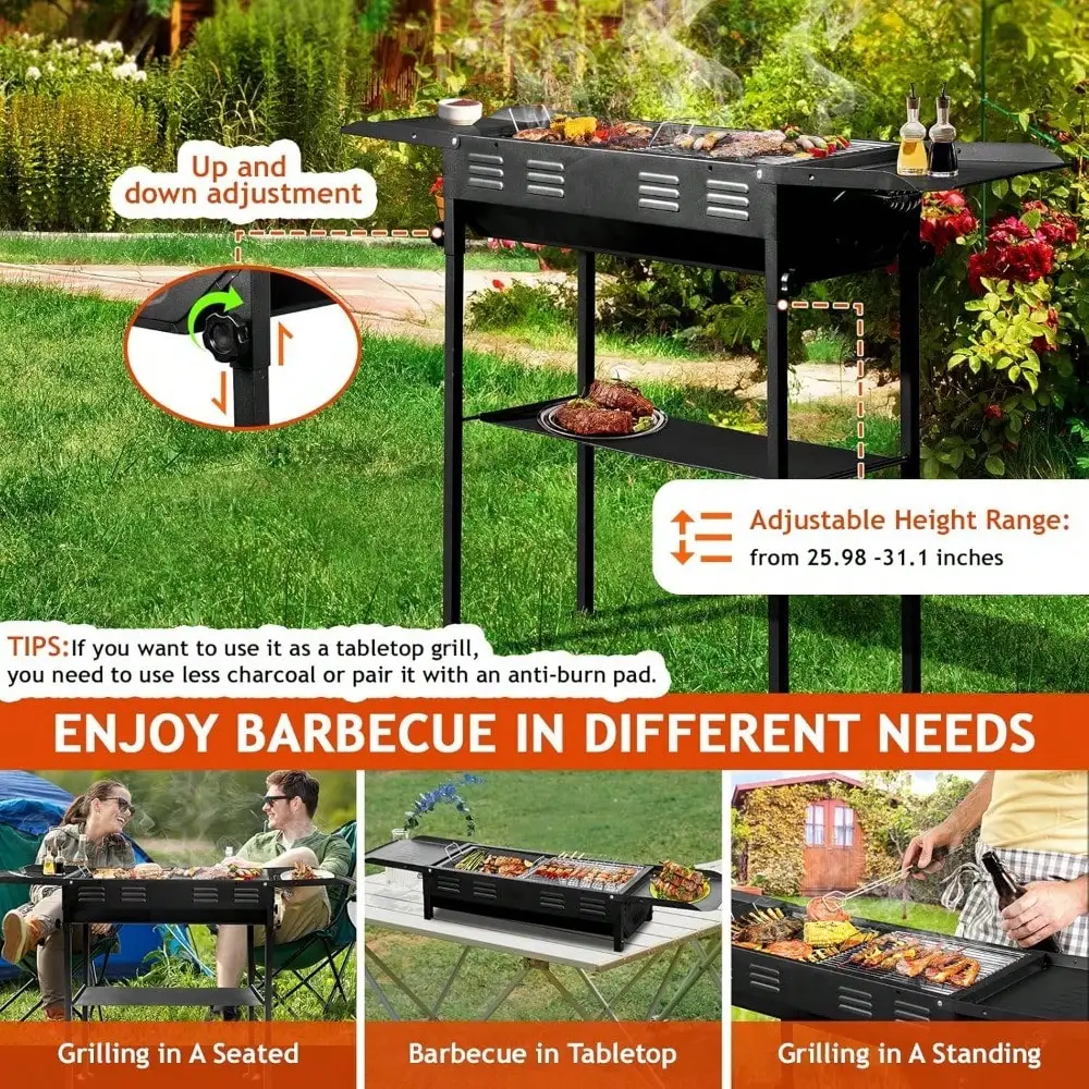 Portable Charcoal Grill, Foldable Barbecue Grill with Storage Shelf and Carry Bag