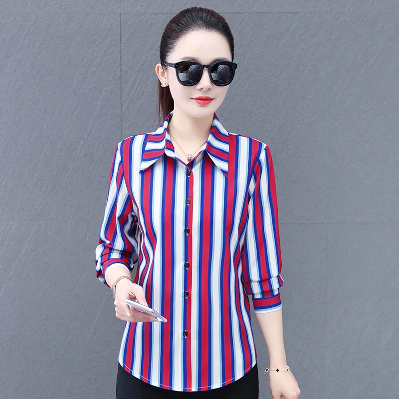 

Модная универсальная полосатая шифоновая блузка для женщин, весенне-осенний новый стиль, с элегантным характером и длинными рукавами.