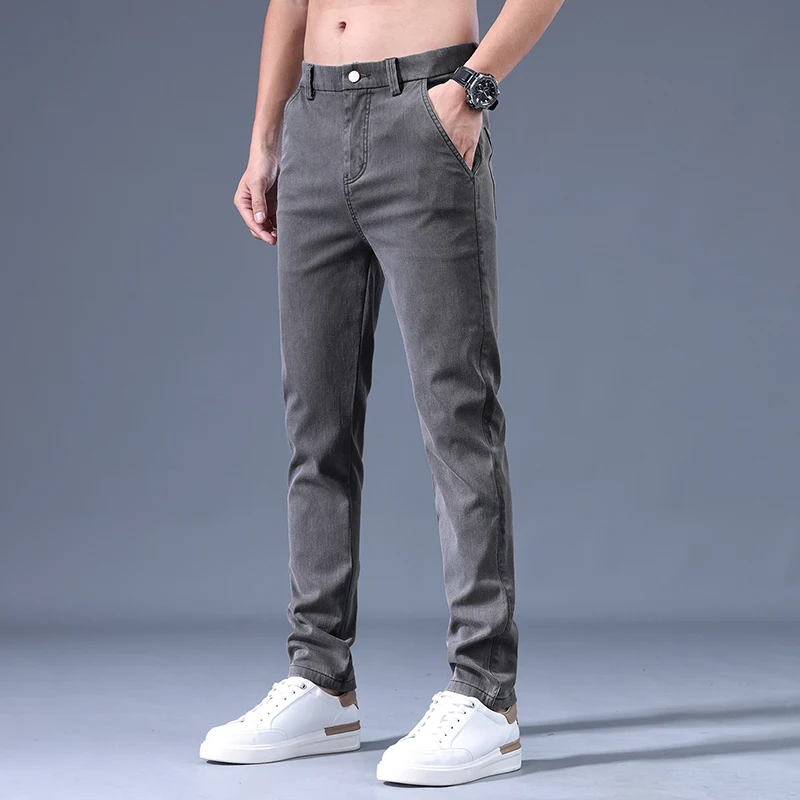 

Новые мужские прямые эластичные брюки, осенние брюки-чиносы, мужские деловые классические брюки, модные повседневные брюки с поясом