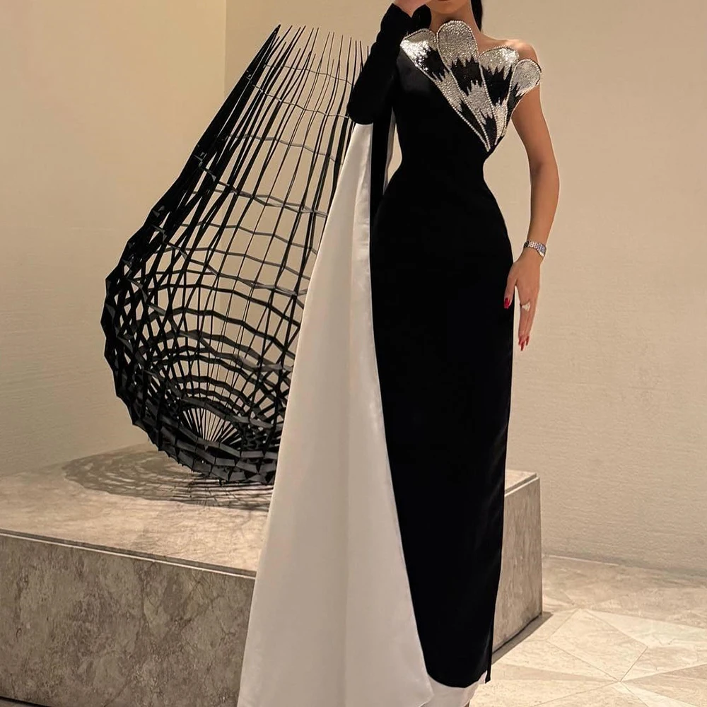 

Customized Exquisite Crystal One Shoulder Jersey Evening Dress Fashion Straight Floor Length Long Sleeves Vestidos De Fiesta