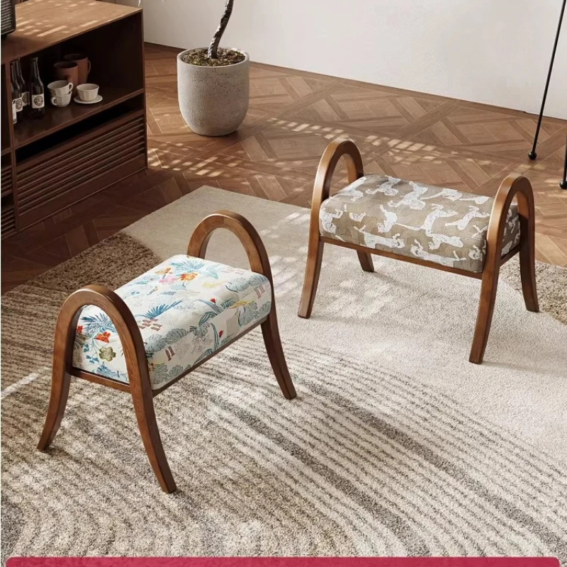 Embroidery soft bag solid wood small stool household low stool living room multi-purpose shoe change bench study door pedal