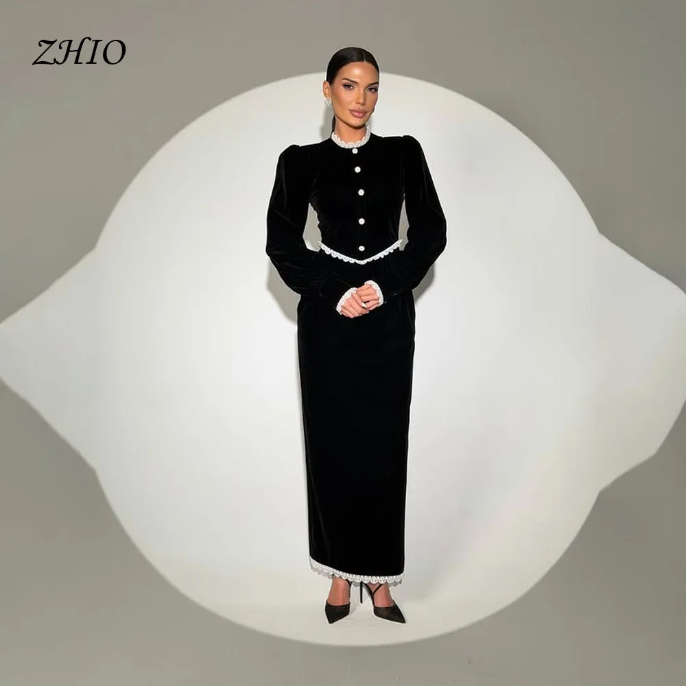 ZHIO Elegant Courtly Style Black Velvet Wedding Party Dress White Lace A-Line Halter Formal Evening Reception Dress Customized