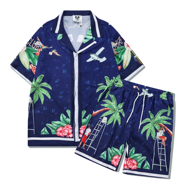 

Digital print fashion beach casual shirt European coast vintage loose short-sleeved shirt suit for men