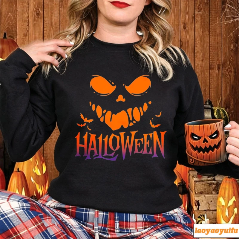 Halloween Scary Pumpkin Face Gradient Lettering Bat Silhouette Spooky Horror Festival Sweatshirt Fall Holiday Party Streetwear
