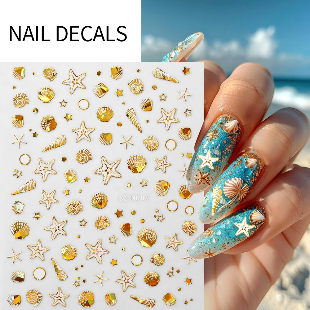 

1pcs Gold Laser Shell Starfish Ocean Series Nail Stickers Summer Mermaid Coconut Tree Nail Decals Women Seaside Manicure Decora