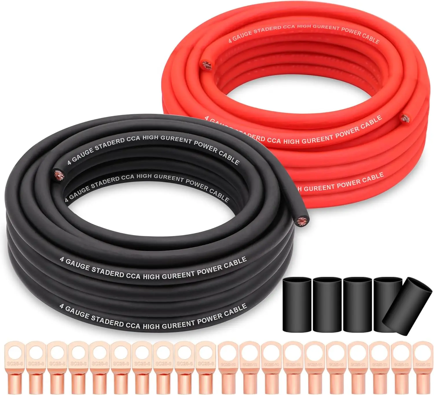 

4 Gauge Wire Copper Clad Aluminum CCA 50FT Black/Red with 4ga lugs and Heat Shrink Tube - Battery Power/Ground Cable,Car Audio S