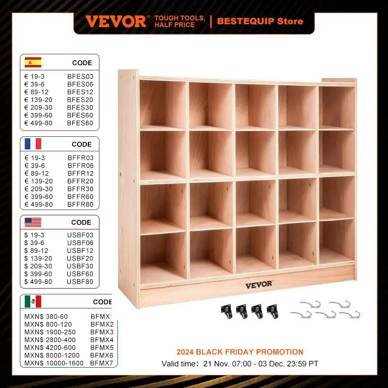 VEVOR Classroom Storage Cabinet Preschool Wooden Cubby 20 Grids Organizer W/ Casters 30 Inch High Birch Plywood Wooden Cubbies