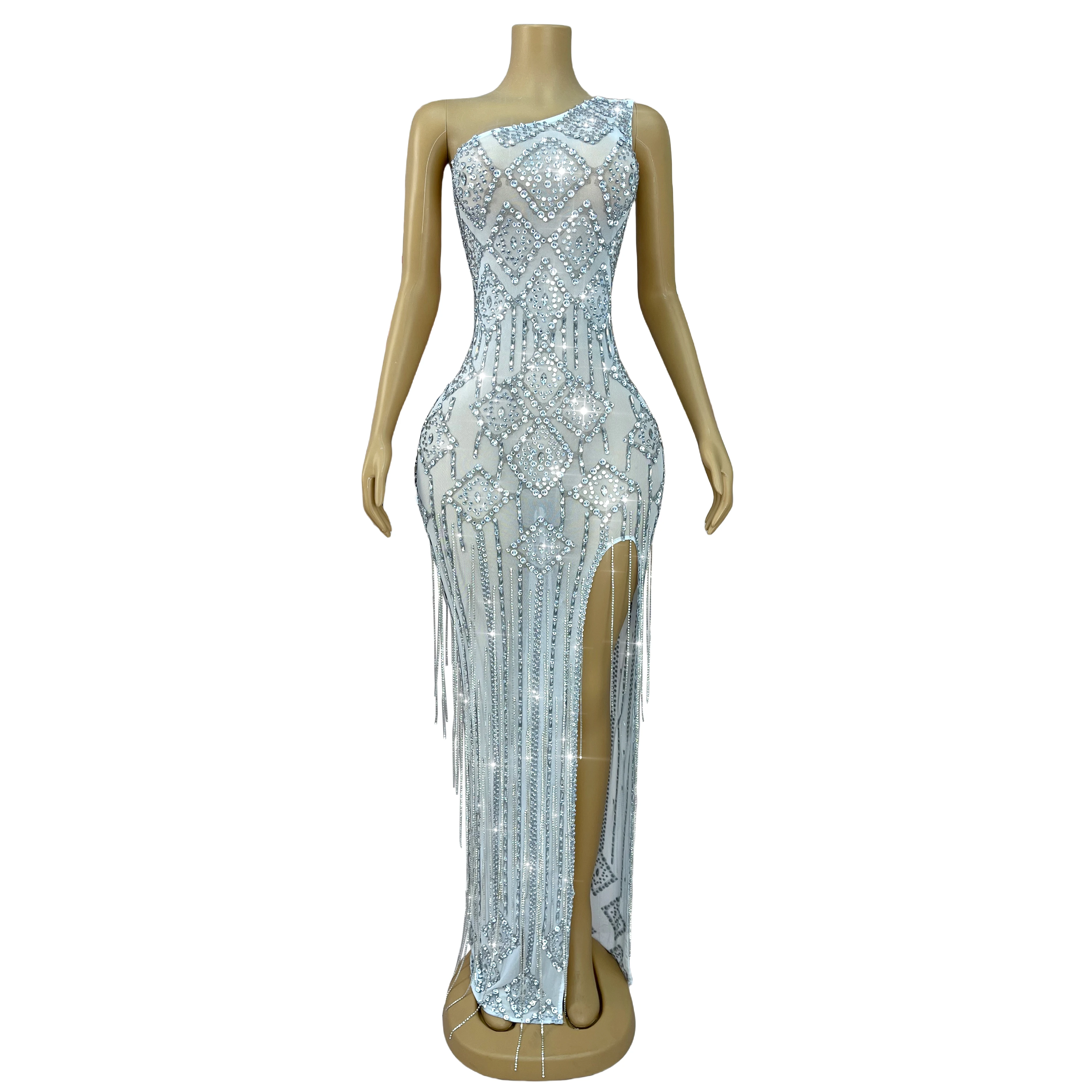 High-end evening shimmering crystal chain elegant one-shoulder dress party celebration costume wedding red carpet dress Linglian