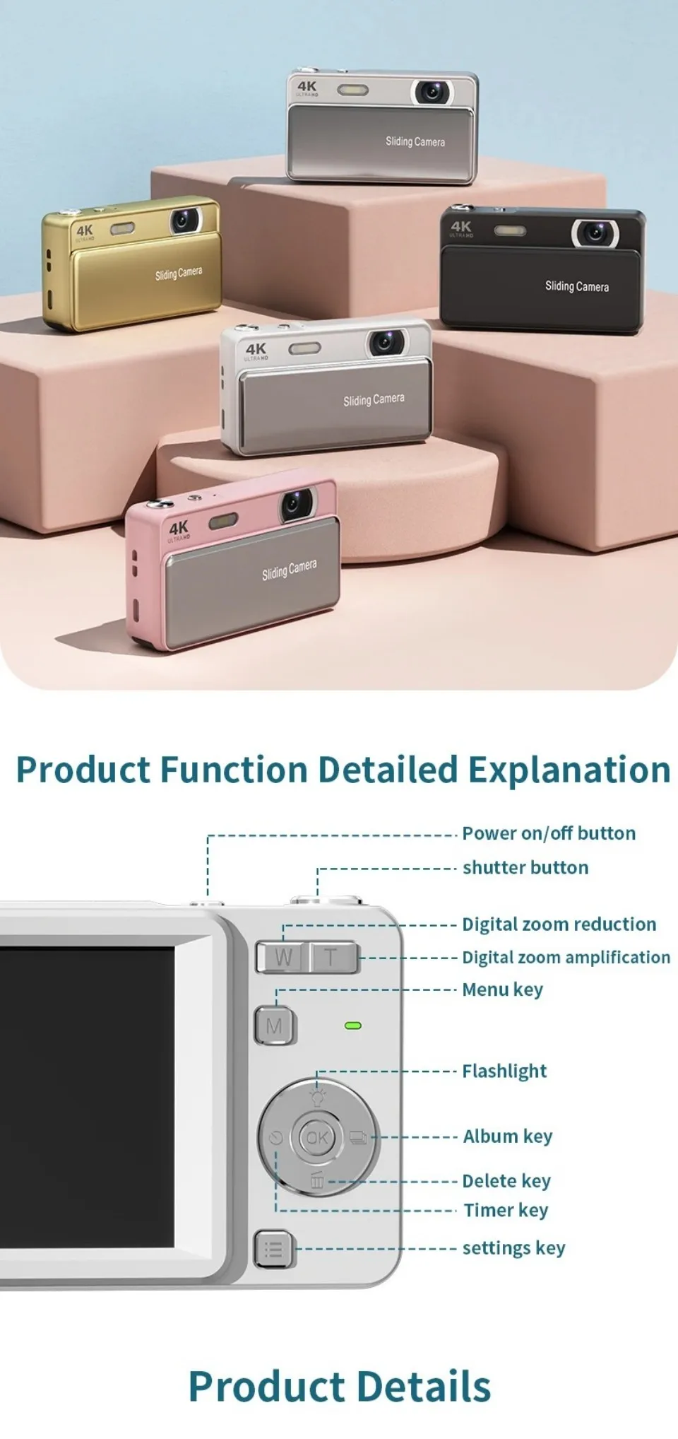 4K HD Sliding Digital Camera 64MP Retro CCD‑Style Mini Camera IPS Screen Multiple Shooting Modes Student Campus Photo Video Cam