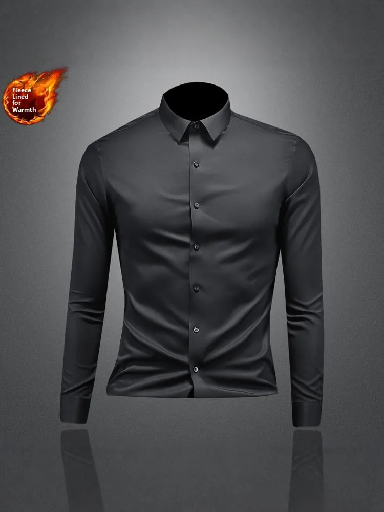 

Мужская рубашка с длинным рукавом, на флисовой подкладке, струящаяся, повседневная, эластичная, деловая, для свадьбы, из полиэфирного волокна, не требует глажки, осень-зима