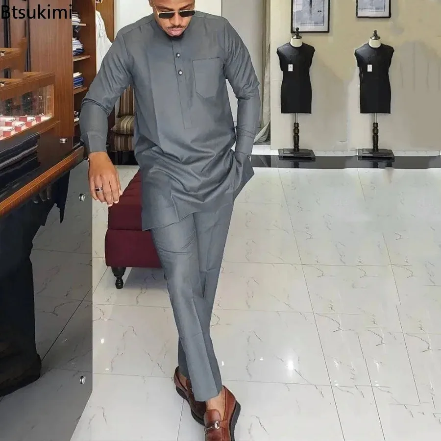 2025 Kaftan New in African Traditional Clothing Men's Fashion Muslim Sets Luxury Elegant O-neck Long Sleeve Casual 2 Piece Sets