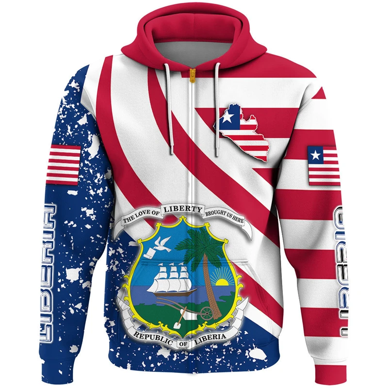 

Liberia Flag Map Graphic Sweatshirts LR National Emblem Zip Up Hoodie For Men Clothing Casual Male Hoody Sport Kids Pullovers